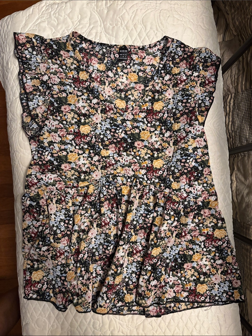 SHEIN Black Floral V-Neck Flutter Sleeve Mini Dress